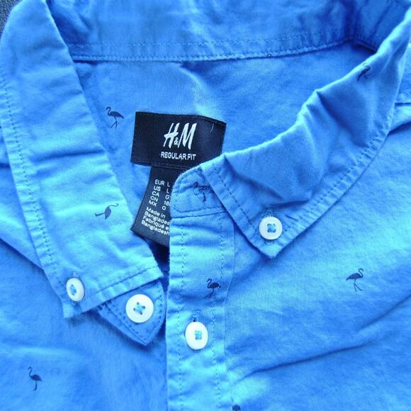H&M Large Blue Flamingo Button Down Short Sleeve Shirt Large - Picture 2 of 5